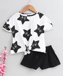 M'andy Stars Print Half Sleeves Knotted Top With Shorts Set - White M'andy Stars Print Half Sleeves Knotted Top With Shorts Set - White