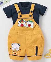 Dapper Dudes Half Sleeves Tee With Teddy Patch Dungaree - Yellow Dapper Dudes Half Sleeves Tee With Teddy Patch Dungaree - Yellow