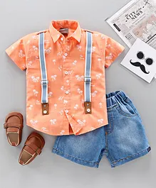 Little Kangaroos Half Sleeves Shirt and Denim Shorts Set with Suspenders Palm Tree Print - Peach Little Kangaroos Half Sleeves Shirt and Denim Shorts Set with Suspenders Palm Tree Print - Peach