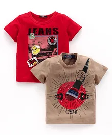 Noddy Pack Of 2 Half Sleeves Patch Detailing Tee - Red & Brown Noddy Pack Of 2 Half Sleeves Patch Detailing Tee - Red & Brown