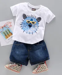 Little Kangaroos Half Sleeves Tee and Denim Shorts Set Bear Print - White Little Kangaroos Half Sleeves Tee and Denim Shorts Set Bear Print - White