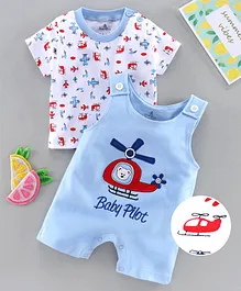 Child World Dungaree Style Romper with Half Sleeves Inner Tee Plane Print - Blue Child World Dungaree Style Romper with Half Sleeves Inner Tee Plane Print - Blue