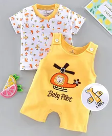 Child World Dungaree Style Romper with Half Sleeves Inner Tee Plane Print - Yellow Child World Dungaree Style Romper with Half Sleeves Inner Tee Plane Print - Yellow