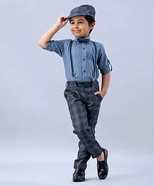 Dapper Dudes Full Sleeves Shirt With Checkered Pants & Suspender Bow Tie With Cap - Blue Dapper Dudes Full Sleeves Shirt With Checkered Pants & Suspender Bow Tie With Cap - Blue