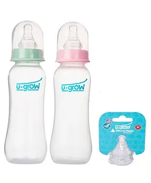 U-Grow Standard Neck Baby Anti Colic Feeding Bottle Pack of 2 With Extra Two Medium Teats - 250ml - Pink & Green