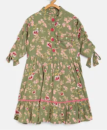 Bella Moda Three Fourth Sleeves Flower Printed Fit & Flare Dress - Green Bella Moda Three Fourth Sleeves Flower Printed Fit & Flare Dress - Green