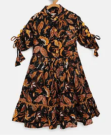 Bella Moda Three Fourth Sleeves Leaves Print Dress - Multicolor Bella Moda Three Fourth Sleeves Leaves Print Dress - Multicolor