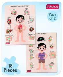 Babyhug Premium Wooden Body Parts 18 Pieces Puzzle - Pack of 2| Educational and Learning Montessori Toy| Knob and Peg Pre- School Puzzle| BIS Certified| 2 Years+