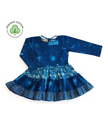 Miko Lolo Organic Cotton Full Sleeves Floral & Heart Print Tiered Dress - Blue Miko Lolo Organic Cotton Full Sleeves Floral & Heart Print Tiered Dress - Blue