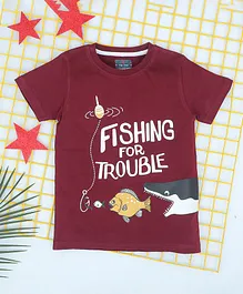 Hop n Jump Half Sleeves Fishing For Trouble Print Tee - Wine Hop n Jump Half Sleeves Fishing For Trouble Print Tee - Wine