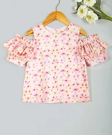 Hugsntugs Half Sleeves Floral Print Cold Shoulder Top - Pink Hugsntugs Half Sleeves Floral Print Cold Shoulder Top - Pink