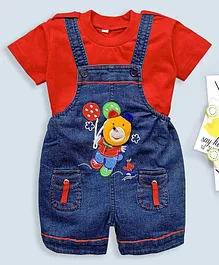 Dapper Dudes Half Sleeve Tee With Teddy Patch Dungaree - Red Dapper Dudes Half Sleeve Tee With Teddy Patch Dungaree - Red