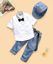 Dapper Dudes Full Sleeves Shirt With Bow Tie & Striped Suspender Pants With Cap - Sky Blue Dapper Dudes Full Sleeves Shirt With Bow Tie & Striped Suspender Pants With Cap - Sky Blue