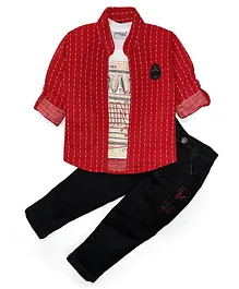Dapper Dudes Full Sleeves Jacket With Printed Tee & Pants - Red Dapper Dudes Full Sleeves Jacket With Printed Tee & Pants - Red