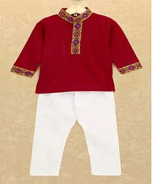 Banjara India Full Sleeves Kutchi Emboidered Kurta With Pyjama - Red Banjara India Full Sleeves Kutchi Emboidered Kurta With Pyjama - Red