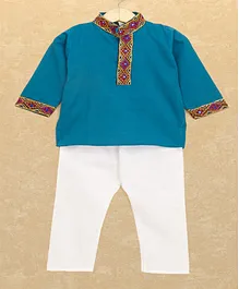 Banjara India Full Sleeves Kutchi Emboidered Kurta With Pyjama - Blue Banjara India Full Sleeves Kutchi Emboidered Kurta With Pyjama - Blue