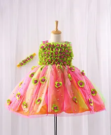 Li&Li BOUTIQUE Sleeveless Flower & Pearl Applique Gown With Headband - Green & Pink Li&Li BOUTIQUE Sleeveless Flower & Pearl Applique Gown With Headband - Green & Pink