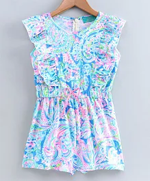 Tiara Sleeveless Abstract Motif Print Ruffled Jumpsuit - Pink & Blue Tiara Sleeveless Abstract Motif Print Ruffled Jumpsuit - Pink & Blue