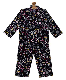 Fuzzy Bear 100% Cotton Full Sleeves Nautical Print Night Suit - Black Fuzzy Bear 100% Cotton Full Sleeves Nautical Print Night Suit - Black
