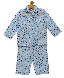 Fuzzy Bear Print Full Sleeves Night Suit 100% Cotton - Blue Fuzzy Bear Print Full Sleeves Night Suit 100% Cotton - Blue