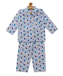 Fuzzy Bear 100% Cotton Full Sleeves Vehicle Print Night Suit - White Fuzzy Bear 100% Cotton Full Sleeves Vehicle Print Night Suit - White