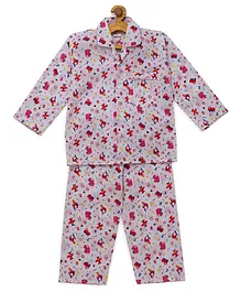 Fuzzy Bear 100% Cotton Full Sleeves Vehicle Print Night Suit - White Fuzzy Bear 100% Cotton Full Sleeves Vehicle Print Night Suit - White