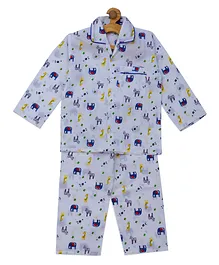 Fuzzy Bear 100% Cotton Full Sleeves Jungle Print Night Suit - Blue Fuzzy Bear 100% Cotton Full Sleeves Jungle Print Night Suit - Blue
