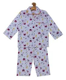 Fuzzy Bear 100% Cotton Full Sleeves Jungle Print Night Suit - White Fuzzy Bear 100% Cotton Full Sleeves Jungle Print Night Suit - White