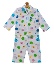 Fuzzy Bear 100% Cotton Full Sleeves Smiley Print Night Suit - White Fuzzy Bear 100% Cotton Full Sleeves Smiley Print Night Suit - White