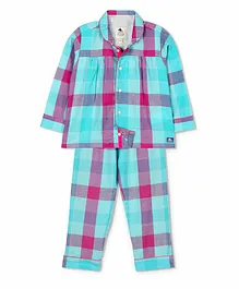 Cherry Crumble By Nitt Hyman Full Sleeves Checked Night Suit Set - Blue Cherry Crumble By Nitt Hyman Full Sleeves Checked Night Suit Set - Blue
