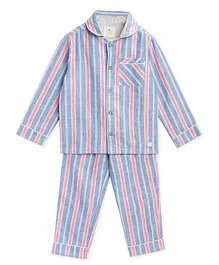 Cherry Crumble By Nitt Hyman Full Sleeves Striped Night Suit - Blue & Pink Cherry Crumble By Nitt Hyman Full Sleeves Striped Night Suit - Blue & Pink