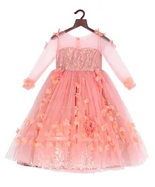 PinkCow Full Sleeves Flower Applique Flared Gown - Peach PinkCow Full Sleeves Flower Applique Flared Gown - Peach