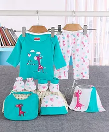 Babyhug 100%Cotton Clothing Gift Set Giraffe Print Pack of 9 - White Blue