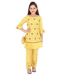 Cutecumber Three Fourth Sleeves Floral Embroidered Kurta With Salwar & Potli Bag - Yellow Cutecumber Three Fourth Sleeves Floral Embroidered Kurta With Salwar & Potli Bag - Yellow