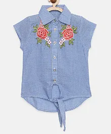 Tiny Girl Short Sleeves Checked Floral Embroidered Shirt Style Top - Royal Blue Tiny Girl Short Sleeves Checked Floral Embroidered Shirt Style Top - Royal Blue