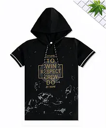 CAVIO Half Sleeves Slogan Print Hooded Tee - Black CAVIO Half Sleeves Slogan Print Hooded Tee - Black