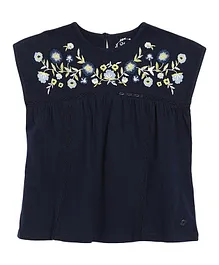 Blue Giraffe Cap Sleeves Flower Embroidered Yoke Top - Blue Blue Giraffe Cap Sleeves Flower Embroidered Yoke Top - Blue