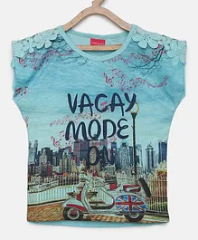 Tiny Girl Short Sleeves Vacay Mode Print Top - Teal Blue Tiny Girl Short Sleeves Vacay Mode Print Top - Teal Blue