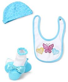 Lovespun Butterfly Print Hat, Socks & Bib Set - White & Blue Lovespun Butterfly Print Hat, Socks & Bib Set - White & Blue