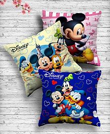 Fun Homes Microfiber Stuffed Reversible Cushion Mickey & Friends  Print Pack of 3 - Blue , Pink & Cream