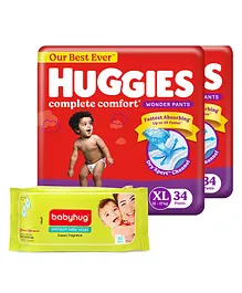 Huggies Wonder Pants Diapers Extra Large Size Combo Pack of 2 - 34 Pieces Each & Babyhug Premium Baby Wipes - 80 Pieces