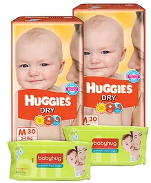 2 Huggies - Dry M (5 - 11 Kg), 30 Pieces with 2 Babyhug Premium Baby Wipes - 80 Pieces combo (Set of 4)