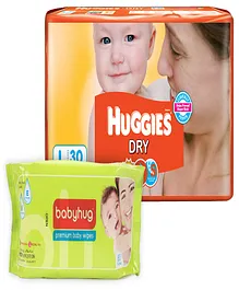 Huggies - Dry L (8 - 14 Kg) 30 Pieces with Babyhug Premium Baby Wipes - 80 Pieces (Set of 2)