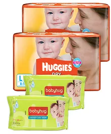2 Huggies - Dry L (8 - 14 Kg) 30 Pieces with 2 Babyhug Premium Baby Wipes - 80 Pieces combo (Set of 4)
