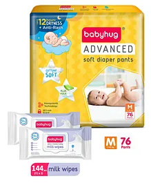 Babyhug Advanced Pant Style Diapers Medium - 76 Pieces & Babyhug Daily Moisturising Milk Wipes - 72 Pieces (Pack of 2)