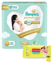 Pampers Premium Care Pants, New Born, Extra Small size baby diapers  (NB,XS), 24 count, Softest ever Pampers & Babyhug Premium Baby Lemon Wipes - 72 Pieces