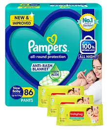Pampers All round Protection Pants, New Born, Extra Small size  (NB,XS) 86 Count, Anti Rash Diapers, Lotion with Aloe Vera & Babyhug Premium Baby Lemon Wipes - 72 Pieces - (Pack of 3)