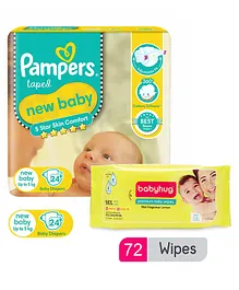 Pampers New Baby Diapers New Born - 24 Pieces & Babyhug Premium Baby Lemon Wipes - 72 Pieces