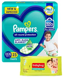 Pampers All round Protection Pants, Extra Extra Extra Large size  (XXXL) 23 Count, Anti Rash diapers, Lotion with Aloe Vera & Babyhug Premium Baby Lemon Wipes - 72 Pieces