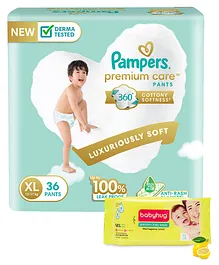 Pampers Premium Care Pants, Extra Large size baby diapers (XL), 36 Count, Softest ever Pampers pants & Babyhug Premium Baby Lemon Wipes - 72 Pieces